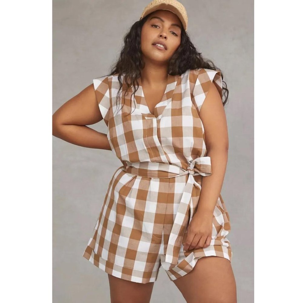 Anthropologie Whit Two Brown White Gingham Romper